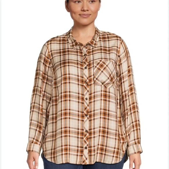 Terra & Sky Brown Plaid Women's Plus Size Button Woven Top 2X - Picture 5 of 10
